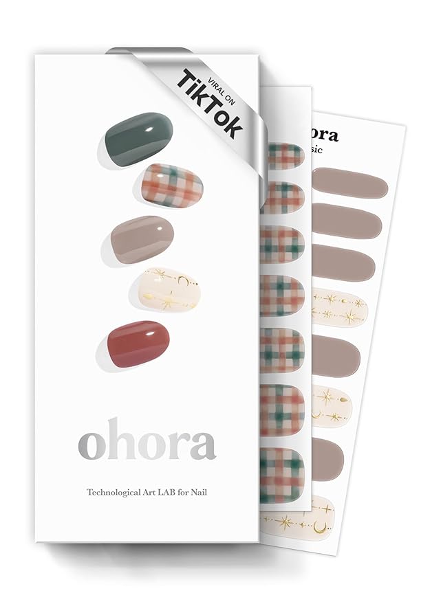 ohora Semi Cured Gel Nail Strips (N Joy) - Green, Patterned, Works with Any UV/LED Lamps, Salon-Quality, Long Lasting, Easy to Apply & Remove - Includes 2 Prep Pads, Nail File & Wooden Stick