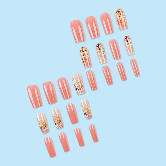 24Pcs Spring Flower Press on Nails Glossy Pink Gradient Fake Nails Medium Coffin Acrylic False Nails Wild Flowers Stick on Nails Dandelion Gel Glue on Nails for Coquette Women Girls