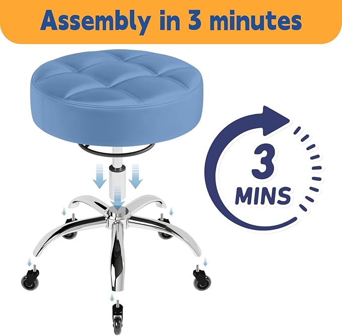 Rolling Stool Heavy Duty 400lb: Super Soft Seat Cushion,360° Swive,Height Adjustability,No Squeaky Noises,No Tip Over,New Upgraded Stool Salon Stool Chair, Tattoo Facial Massage Spa Medical (Blue)