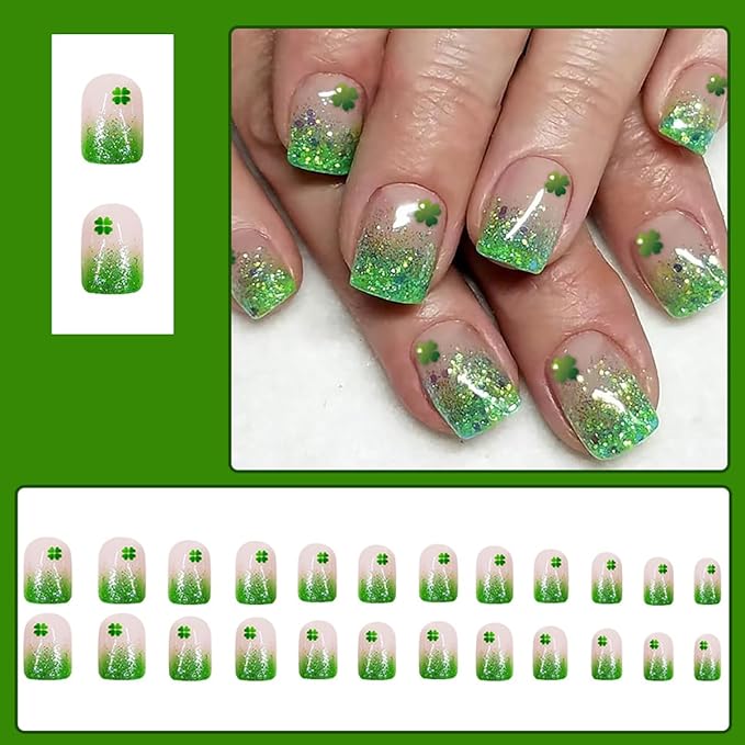 24Pcs St. Patrick's Day Fake Nails French Tip Press on Nails Short Square False Nails Shamrock Glue on Nails with Green Glitter Nails Tip Design Four Leaf Clover Acrylic Nails for Irish Women Manicure