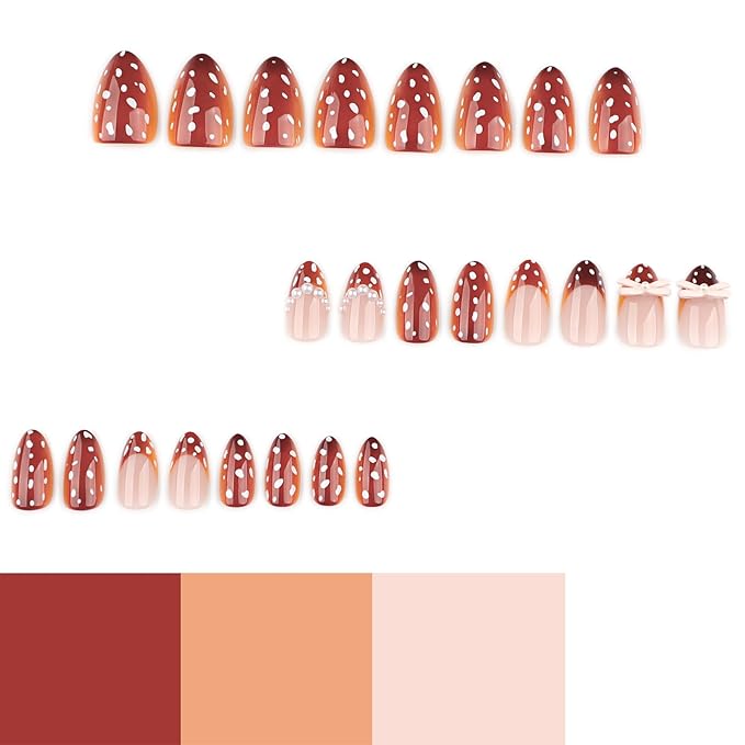 Fall Brown Press on Nails Short Almond French Tip Fake Nails with Cute Polka Dots Design Pink Bow Acrylic False Nails Pearl Stick on Fingernails Glossy Artificial Glue on Nail for Women 24Pcs