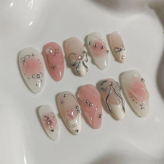 Pink Press on Nails Medium Almond Fake Nails with 3D Silver Bow Bead Pearl Designs White Gradient French Tips Acrylic Nails False Nails Heart Full Cover Glossy Stick on Nails for Women 24Pcs