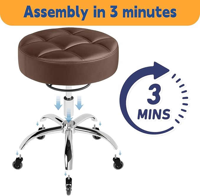 YEEZEE Rolling Stool Heavy Duty 400lb: Super Soft Leather Seat Cushion, 360 Swivel, Height Adjustable 19.7"-25.3", No Squeaky Noises, No Tip Over, Salon & Spa Stool, Brown
