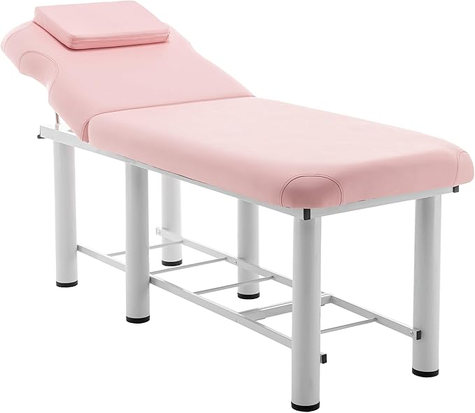 Professional Massage Table with Backrest, Faux Leather Stationary Physical Therapy Table, Metal Frame Barber Beauty Equipment, Removable Headrest Treatment Table Salon Spa Bed, Pink