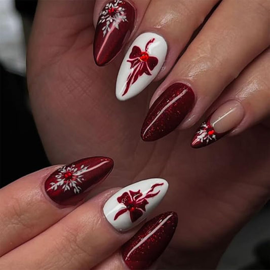Press on Nails Red Almond Fake Nails French Tip False Nails Press ons with Wine Red Bow Snowflake Designs Medium Artificial Acrylic Nails Glitter Full Cover Glue on Nail for Women Manicure 24 Pcs
