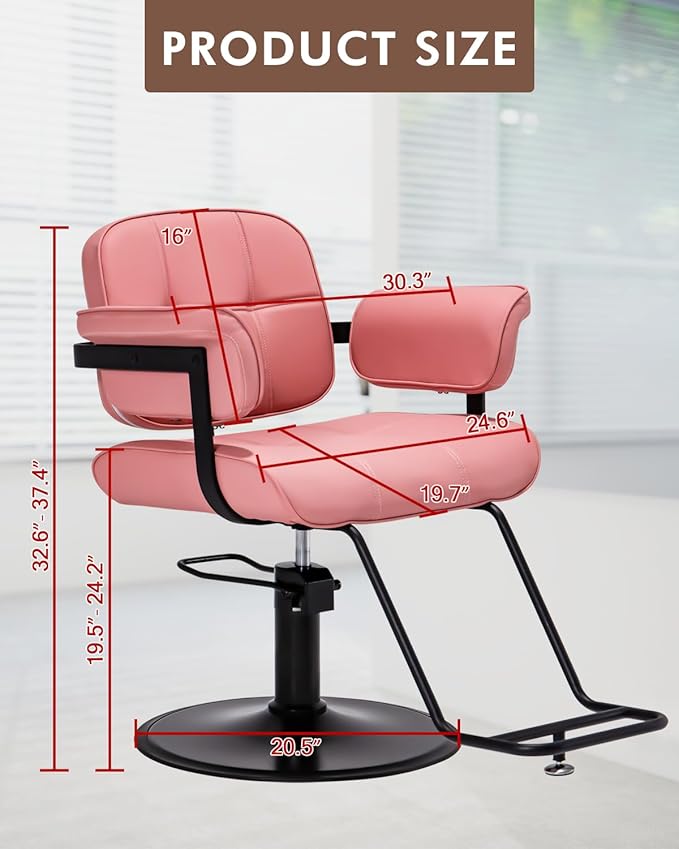 Barber Salon Chair, Extra Wide Hair Styling Chair with Heavy Duty Hydraulic Pump, 360° Swivel Height Adjustable Braiding Design, Luxury Beauty Salon and Barbershop Equipment, Pink