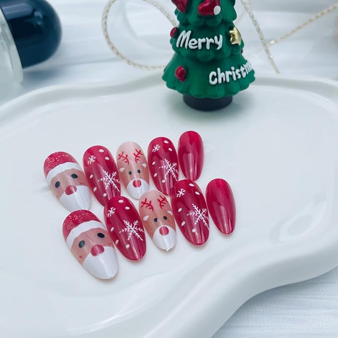 24Pcs Christmas Press on Nails Almond Medium, NEWSPIED Cute Santa Claus Elk Fake Nails with Snowflakes Design Red Shiny Christmas False Nails Reusable Holiday Artificial Nails for Women Girls Manicure