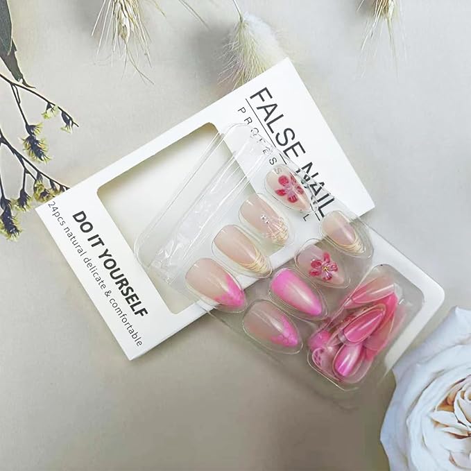 Short Press on Nails Almond Nails Tips Autumn Fake Nails French Tip Glue on Nails Nude Gloss Acrylic Nail Reusable 3D Flower Stick on Nail Full Cover False Nail for Women Manicure Accessories 24Pcs