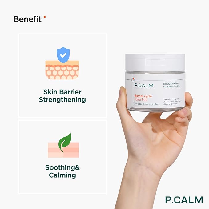 P.CALM Barrier Cycle Toner Pad Refill Pack – 120 Pads (60 + 60) with Centella Asiatica & Papaya Extract for Soothing, Moisturizing & Exfoliating, Korean Vegan Facial Toners Pads for Sensitive Skin