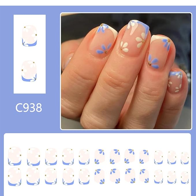 Flower Press on Nails Short Square Fake Nails Nude False Nails Floral Glossy Full Cover Acrylic Nails Spring Glue on Nails Artificial Cute Stick on Nails for Women Manicure 24Pcs