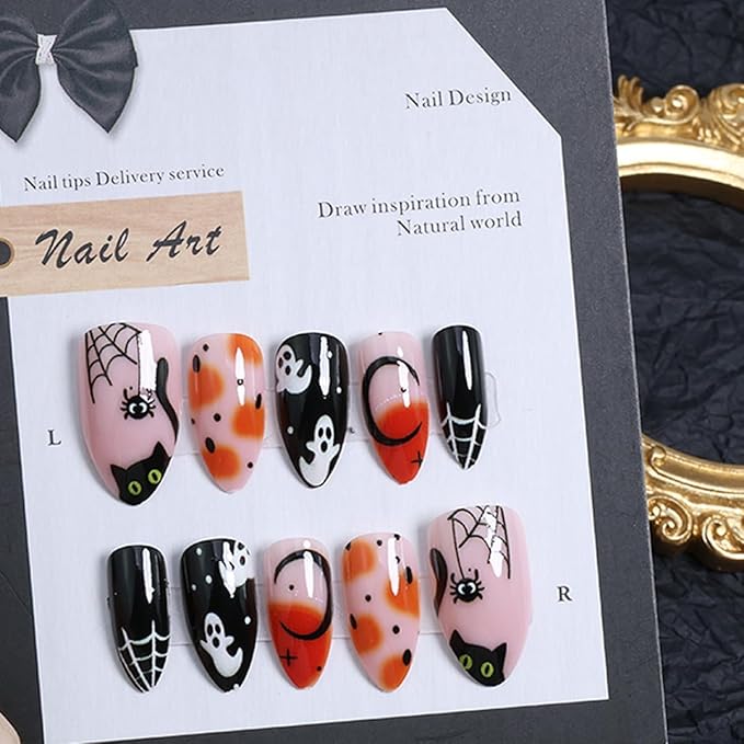 24Pcs Halloween Press on Nails Short Pointed Fake Nails with Cute Ghost Pumpkin Spider Web Design Cat Nail Tips False Nails Full Cover Artificial Glue on Nails Black Star Stick on Nail for Women DIY
