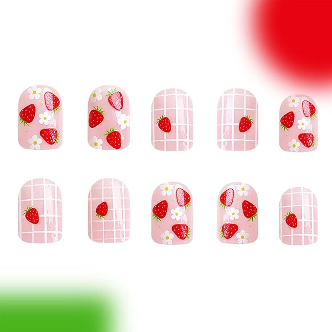 Square Press On Nails Short Fake Nails Strawberry With Flower Plaid Design Spring False Nails Acrylic Artificial Glue On Nails Full Cover Stick On Nails For Women Manicure Art 24pcs