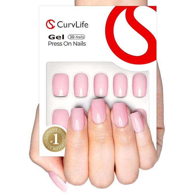 Curvlife Soft Gel Press on Nails, 30Pcs 15 Sizes Gel Nail Tips, Pink Style Full Cover Design Reusable Fake Nails Kit with Glue and Adhesive Tabs