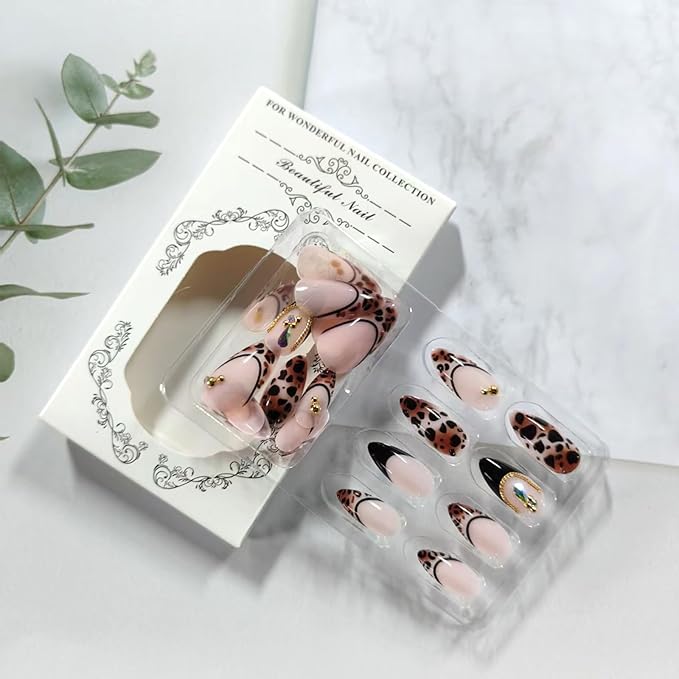 Leopard Press on Nails Almond Medium French Tip Fake Nails with Gold Chain Steel Beads Charms Glossy Acrylic False Nail Cheetah Print Nails Full Cover Stick on Nail for Women 24Pcs