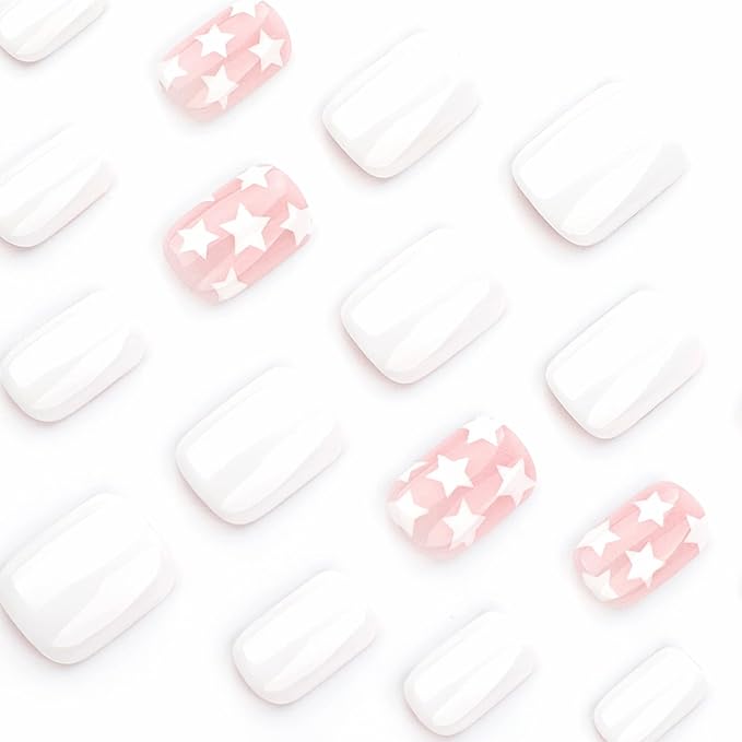 Square Press on Nails Short Star Fake Nails White Star Acrylic Nails Independence Day False Nails Press ons Glossy Glue on Nails Cute Artificial Nails for Women Girls Nails Decoration Manicure 24Pcs