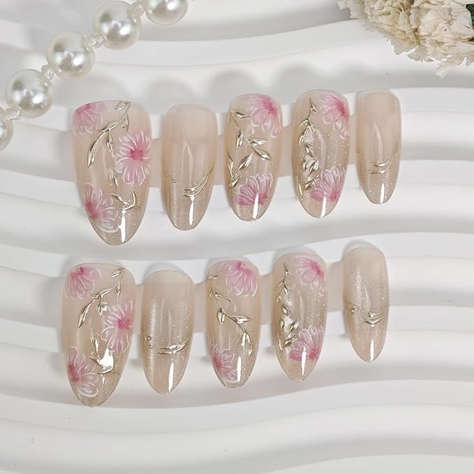 30Pcs Gold Almond Flower Glitter Summer False Nails with Cherry Blossoms Leaf Designs, Full Cover Glue on Nails, Acrylic Nail Accessories