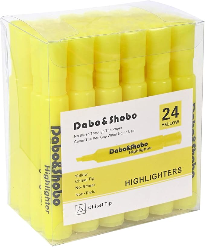 Dabo&Shobo Yellow highlighter, 24 Pack -bright color, chisel tip, for Adults Kids Highlighting in the Home School Office, Tank Style