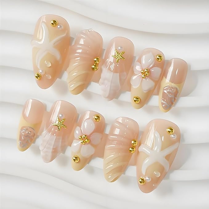 24Pcs Summer Beach Press on Nails Almond Medium Flower Fake Nails with Gold Bead Starfish Rhinestones Design Stick on Nail Ocean Theme Glue on Nails French Tip False Nails for Women Acrylic Manicure