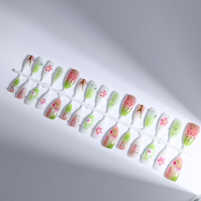 30Pcs Spring Summer Flower Press on Nails Medium Almond Fake Nails with 3D Pearl Rhinestones Handmade Glue on Nails Butterfly Bow False Nails Cute Floral Leaf Acrylic Nails for Women Manicure
