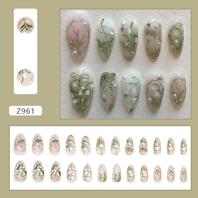 24Pcs Green Press on Nails Medium Almond Fake Nails White Pink Flower with Pearl Rhinestones Designs Full Cover Gold French Tip Nails Bow Stick on Nails Handmade False Nails for Women Acrylic Nails