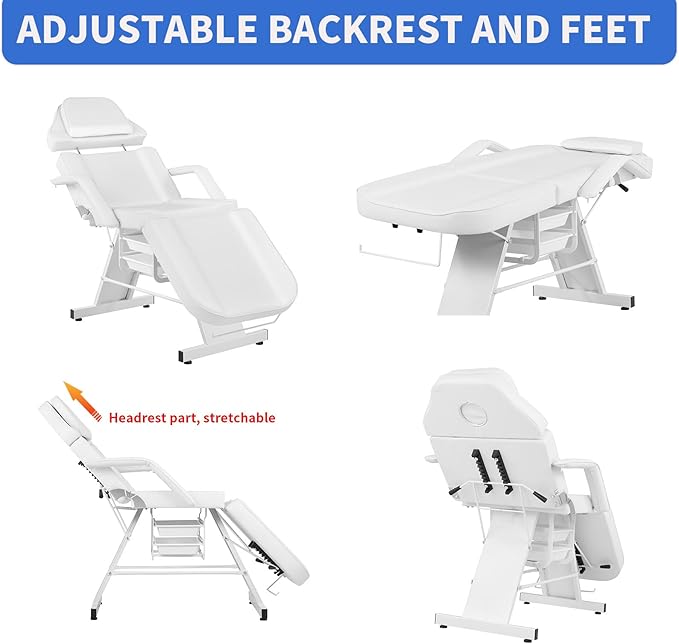 Facial Chair Tattoo Chair for Client Adjustable 3-Section Multipurpose with Hydraulic Stool for Esthetician Beauty Spa Tattoo Eyelash Equipment White