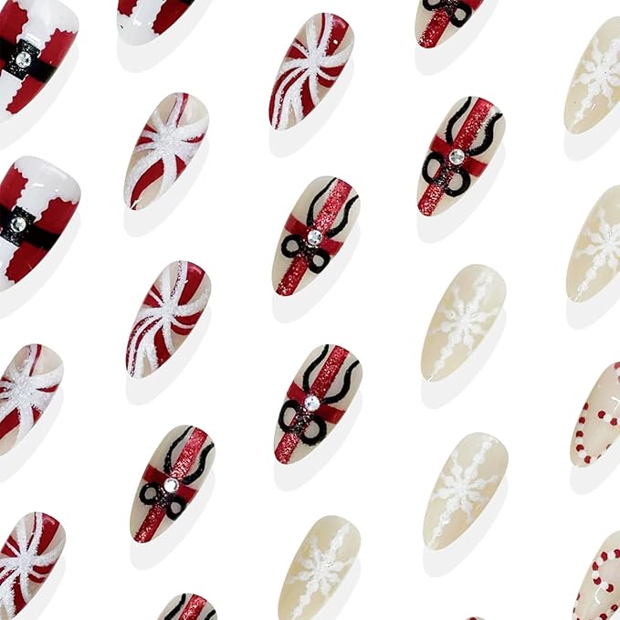 30Pcs Christmas Press on Nails Almond Fake Nails with Santa Claus Gift Designs Snowflake Candy Cane False Nails Red White Stripes Artificial Glue on Nail Holiday Stick on Nail for Women