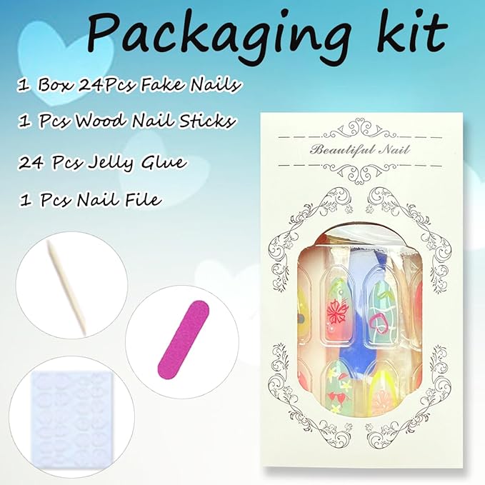 Summer Press on Nails Medium Almond Fake Nails Ocean Beach Nails Design 3D Colorful Flower False Nails Pearl Starfish Butterfly Artificial Acrylic Nails Glossy Full Cover Glue on Nails for Women 30Pcs