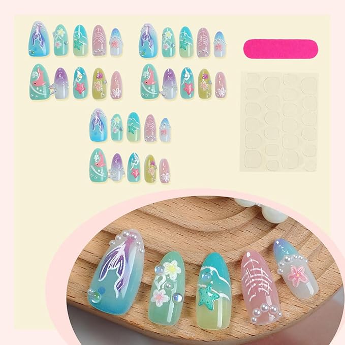 Summer Press on Nails Starfish False Nails Flower Fake Nails 3D Shell Floral Bubble Beads Design Pearl Gradient Stick on Nail Colorful Ocean Glue on Nail for Women DIY Salon Manicure Supplies