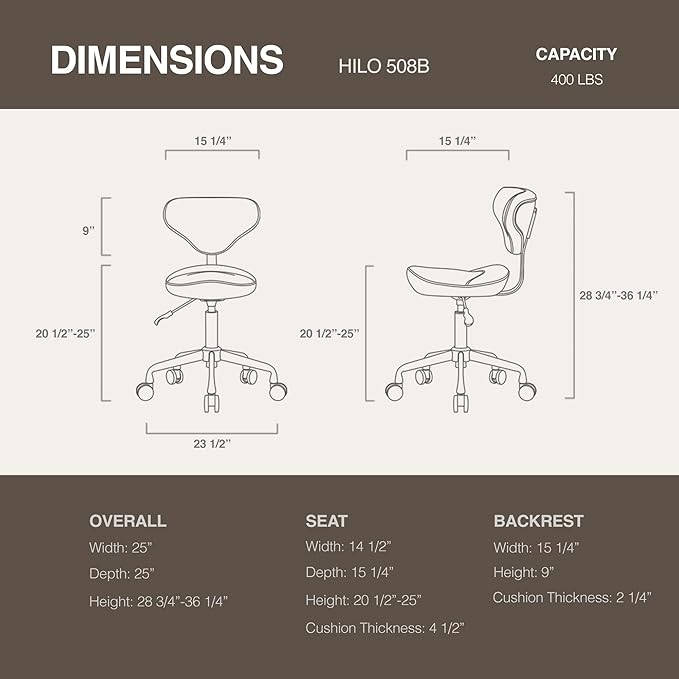 Ergonomic Saddle Seat Adjustable Pneumatic Hydraulic Drafting Swivel Rolling Stool Chair for Medical Hygienic SPA Massage Salon Home and Office - Hilo 508 (Black, with Backrest)