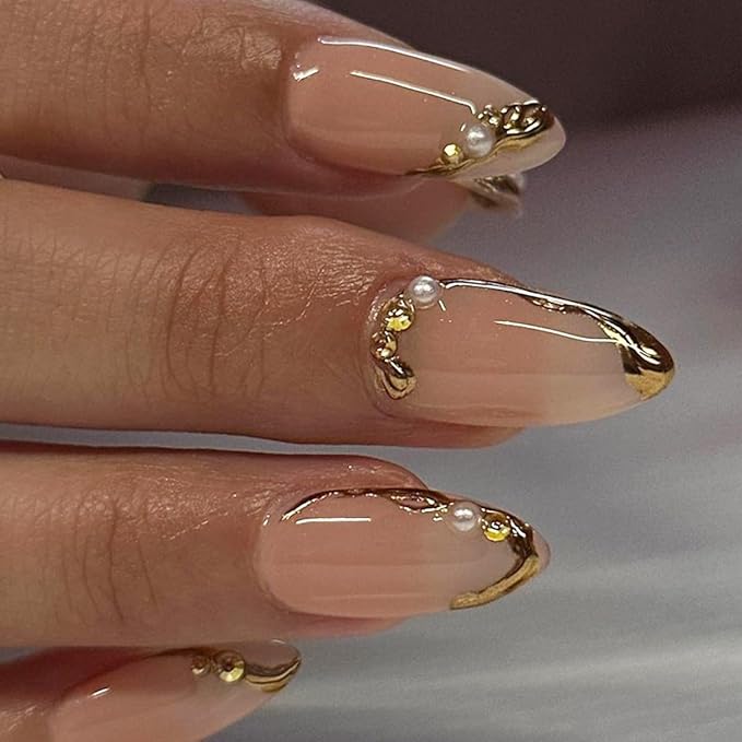 24Pcs Gold French Tip Press on Nails Medium Almond Fake Nails with Rhinestones Pearl Designs 3D Gilding False Nails Texture Line Gold Glue on Nail Reusable Artificial Stick on Nails for Women