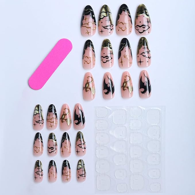 24Pcs Halloween Press on Nails Medium Almond French Tip Fake Nails Golden Dragon with Black Bat Design Full Cover Glue on Nails Goth False Nails Glossy Stick on Nail for Women Acrylic Manicure