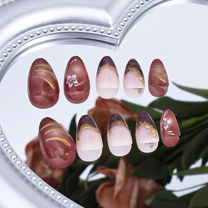 24Pcs French Tip Press on Nails Short Almond Fake Nails 3D Gold Beads Design Fall Flower Acrylic Nails Gold Chrome Line Full Cover False Nails Zebra Stripe Brown Glue on Nails Decoration for Women DIY