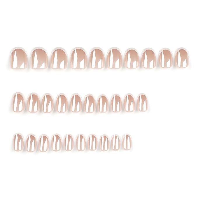 French Press On Nails Short Oval False Nails 30pcs, Nude Chrome Electroplated Stick On Nails with White French Tips, Glossy Reusable Acrylic Fake Nails Kit for Women Girls Wedding Daily