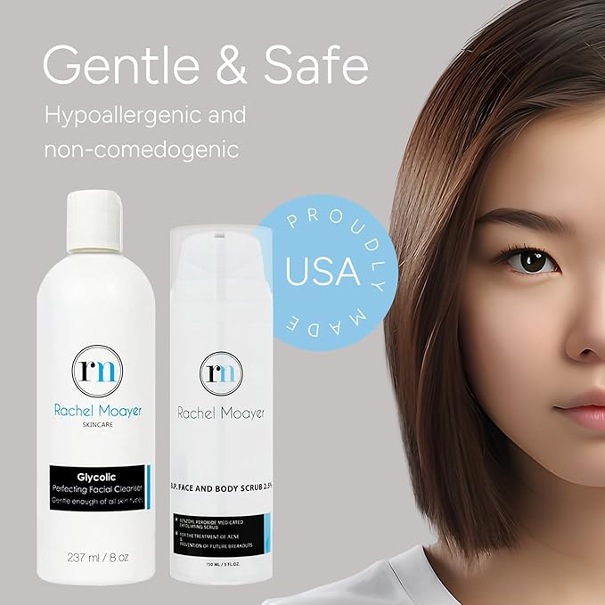 Rachel Moayer Skincare Cleansing Essentials Bundle includes RM Perfecting cleanser and RM BP Face & Body Scrub 2.5%