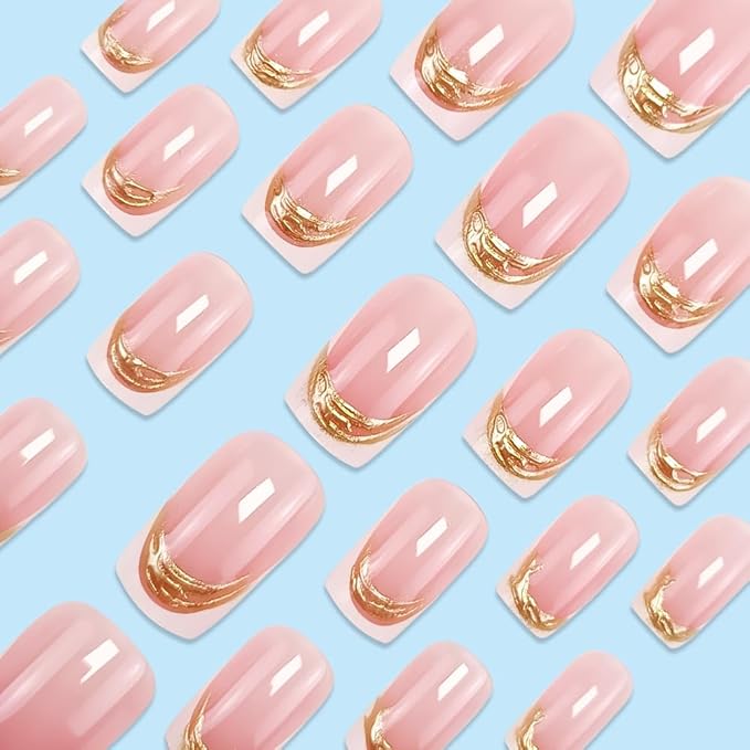 French Tip Press on Nails Square Fake Nails Pink 3D Gold Texture Acrylic Nails Medium False Nails with Designs White French Nails Stick on Nails for Women Glue on Nails with Adhesive Tabs Nail File