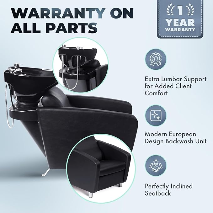 Buy-Rite Shelby Shampoo Backwash Station - Professional Salon Backwash Unit w/Deep Tilting Porcelain Sink, Wide Reclining Chair, Dual-Function Nozzle, Vacuum Breaker - Black, YLG-556-BLK