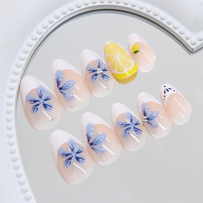 Long French Tips Press on Nails Flower Fake Nails Fruit False Nails 3D Blue Floral Lemon Nude White Design Glossy Stick on Nail Summer Glue on Nail for Women Decoration Salon Manicure