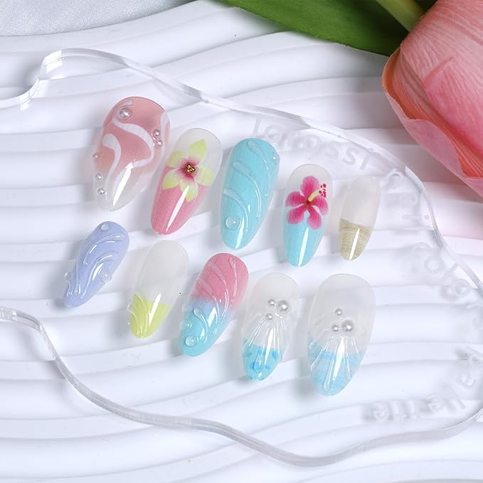 30Pcs Summer Press on Nails Medium Almond Fake Nails Ocean Pearl Full Cover Colorful Starfish Shell with Strawberry Cute Designs Glue on Nails Beach False Nails Stick on Nail for Women Acrylic