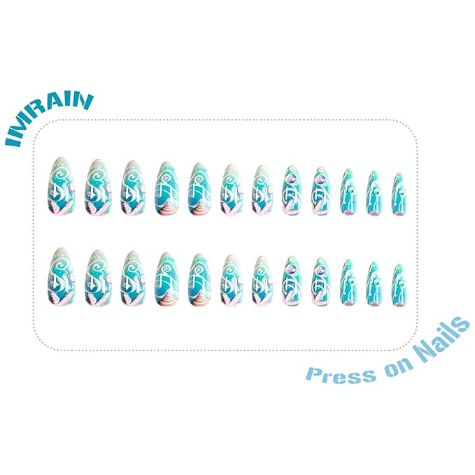 IMRAIN Blue Press on Nails Medium Almond Fake Nails with Cute Conch & Starfish Design Glossy Acrylic False Nails Full Cover Artificial Glue on Nails Summer Stick on Nails for Women Girls