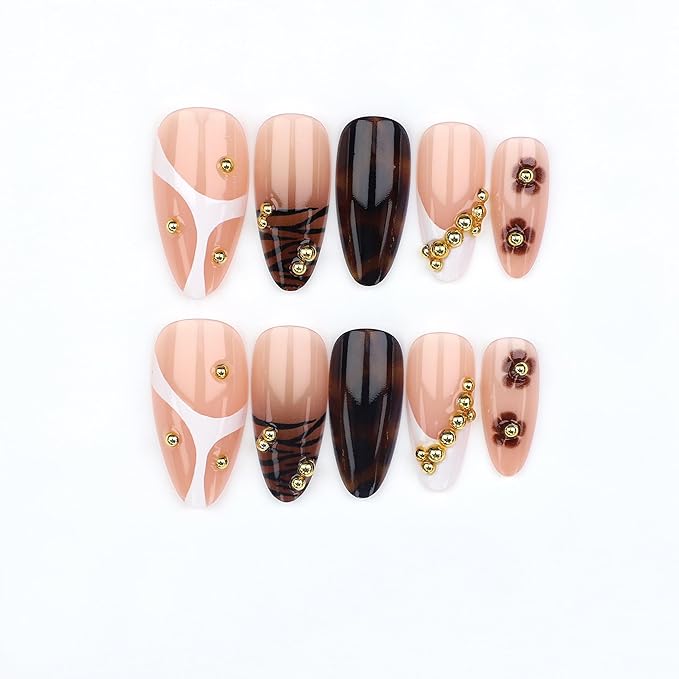 Long Almond Press on Nails Gold White Fake Nails Nude Leopard Print Stick on Nail for Women 24pcs