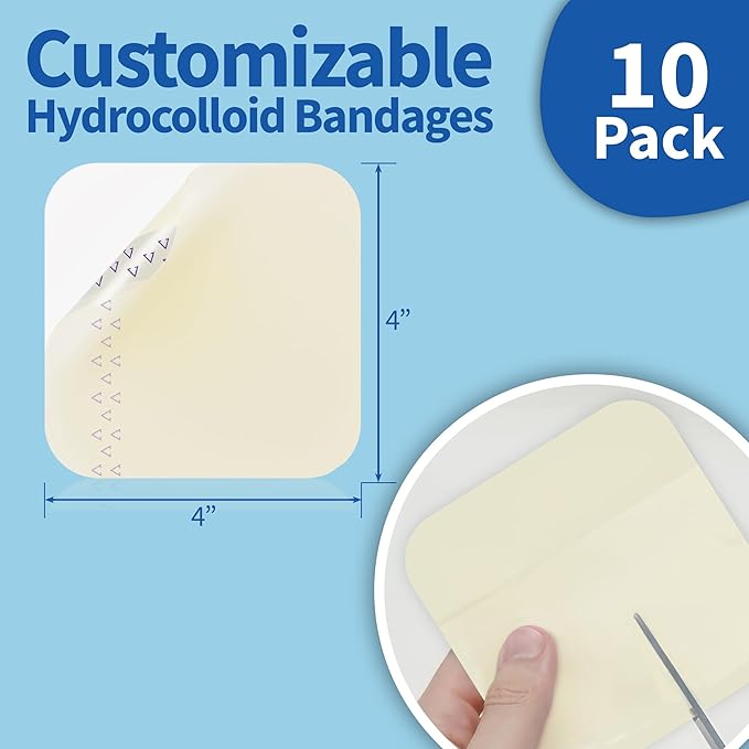 Hydrocolloid Bandages Large 4" x 4", 10 Pack Wound Dressing with Self-Adhesive, Fast Healing Patch for Bed Sore, Burn, Blister, Acne Care, Superficial Wound