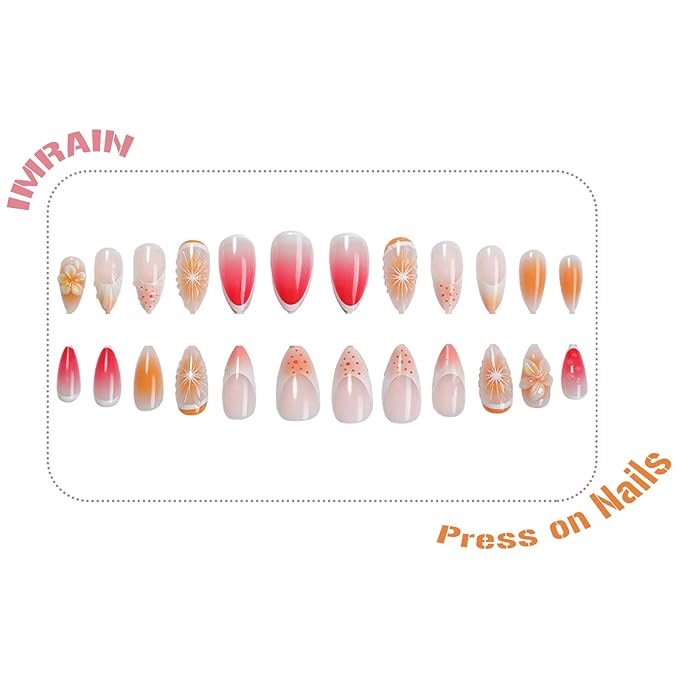 IMRAIN Orange Press on Nails Medium Almond Fake Nails 3D Orange & Flower False Nails with Designs Summer Acrylic Nail Supplies Full Cover Glossy French Glue on Nails for Women Manicure 24Pcs