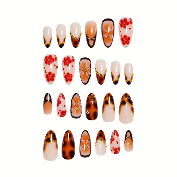 Flower Press on Nails French Tip Fake Nails Leopard Print Glue on Nails with Gold Design Medium Almond False Nail Glossy Full Cover Brown Stick on Nail for Women Girls Manicure 24Pcs