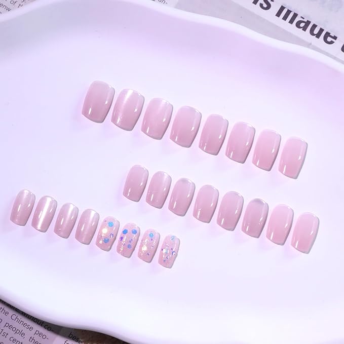 Medium Squoval Press On Nails with Cat Eye Base – Nude Pink Acrylic Fake Nails, 24PCS Glitter Glossy Stick On Nail Kit, Reusable False Nails with Adhesive & Tools for Women