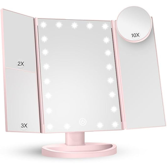 HUONUL Makeup Mirror Vanity with Lights, 2X 3X 10X Magnification, Lighted Mirror, Touch Control, Trifold Dual Power Supply, Portable LED Women Gift (Pink)
