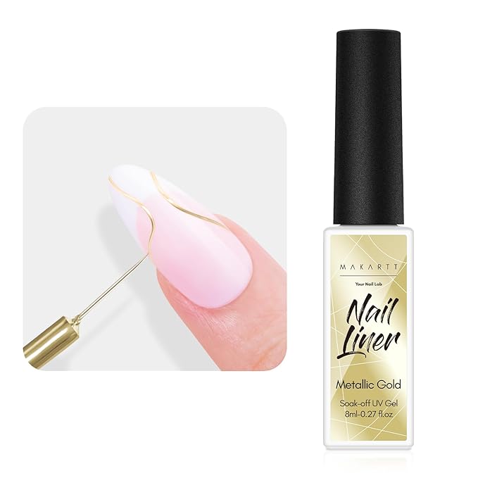 Makartt Metallic Gold Gel Liner Nail Polish: 3D Mirror Chrome Effect with Built in Thin Brush Soak Off UV/LED Gel for DIY Manicure Home and Salon Nail Art Designs 8ml
