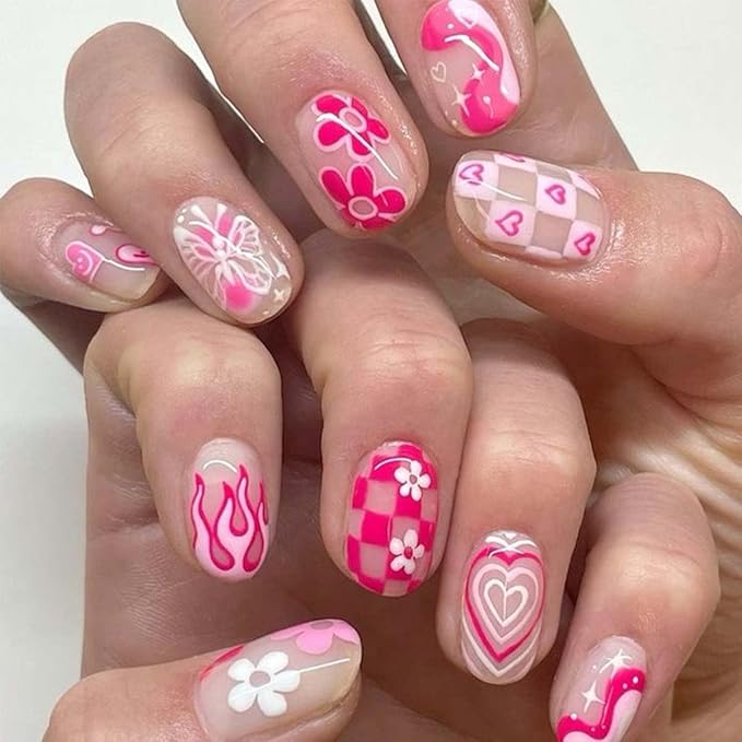 24Pcs Square Press on Nails Short Fake Nails Flame with Heart Flower Butterfly Design Cute False Nails Pink Glue on Nails Glossy Valentines Acrylic Artificial Nails Glossy Stick on Nails for Women