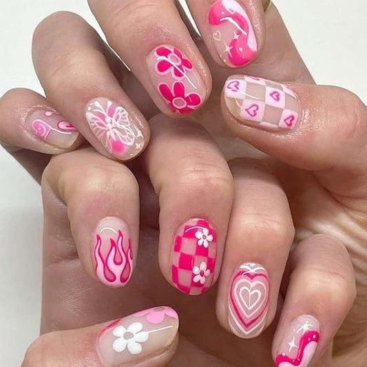 24Pcs Square Press on Nails Short Fake Nails Flame with Heart Flower Butterfly Design Cute False Nails Pink Glue on Nails Glossy Valentines Acrylic Artificial Nails Glossy Stick on Nails for Women