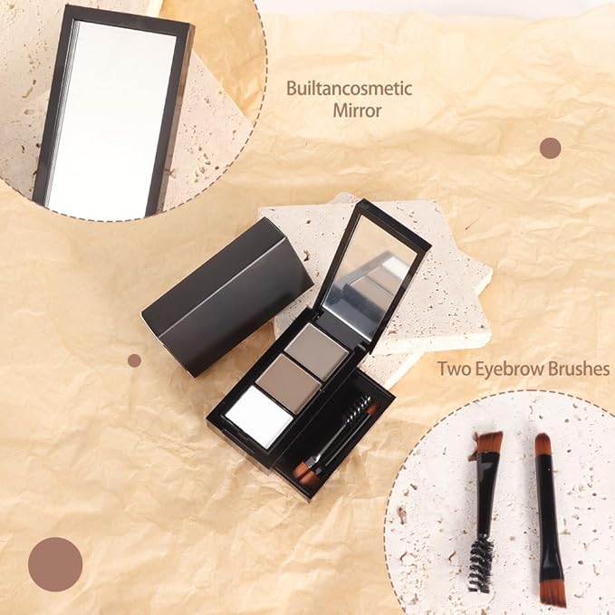 Brown Eye Brow Powder for Women, Light Medium Matte Gray White Eyebrow Powder Kit with Brush, Long-Lasting 3 Colors Brow Palette, Filler for Full, Defined Natural Brows Shaping