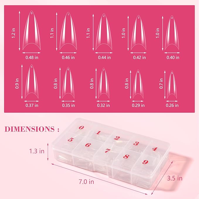 Quaferen Clear Stiletto Nail Tips, 500PCS Half Cover Soft Gel Nail Tips Medium Stiletto False Nails Almond Shape Curved Tips for Acrylic Nails Salon Home DIY with Box 10Sizes